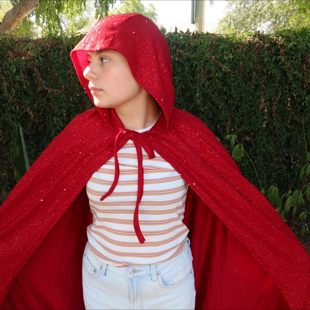 New handmade women sparkle long hooded cape cloak costume red ridding hood medie